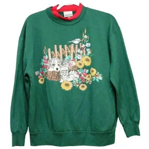 Vintage 90s Crewneck Sweatshirt Size Medium Cat Dog Bird Sunflower Grandmacore